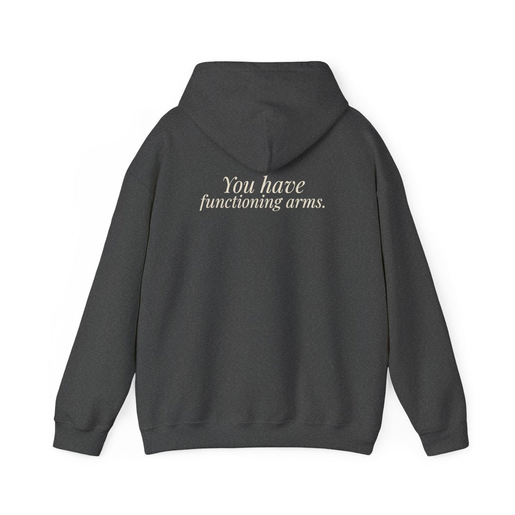 "Can You Put Me on 17?" — Roulette Hoodie (Dark Heather, back)