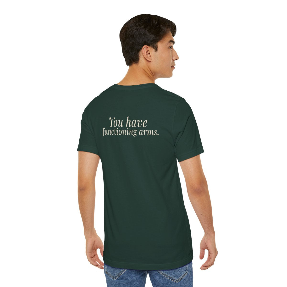 "Can You Put Me on 17?" — Roulette Tee (Forest, worn, back)