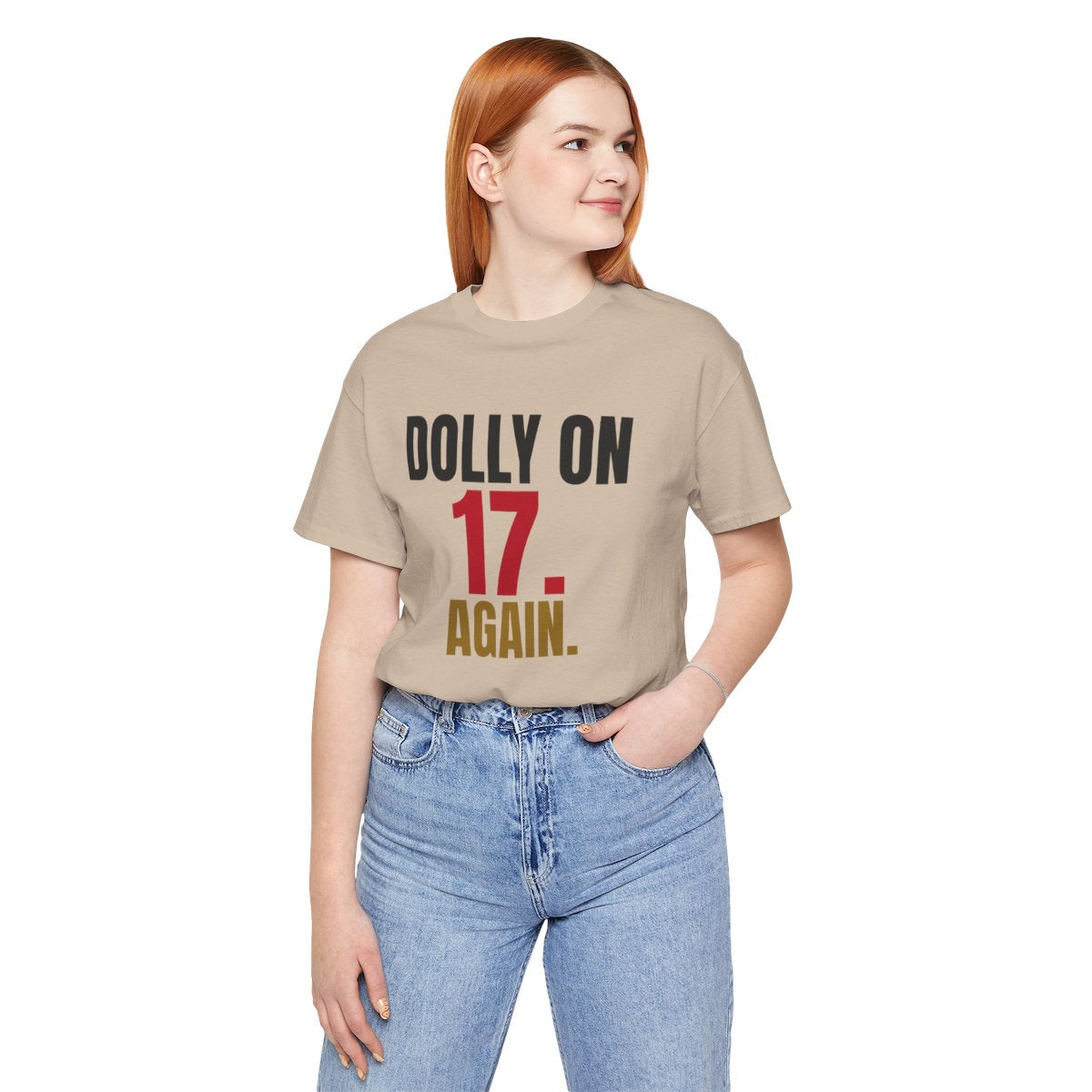 Dolly on 17. Again. — Roulette Tee (Tan, worn, front)
