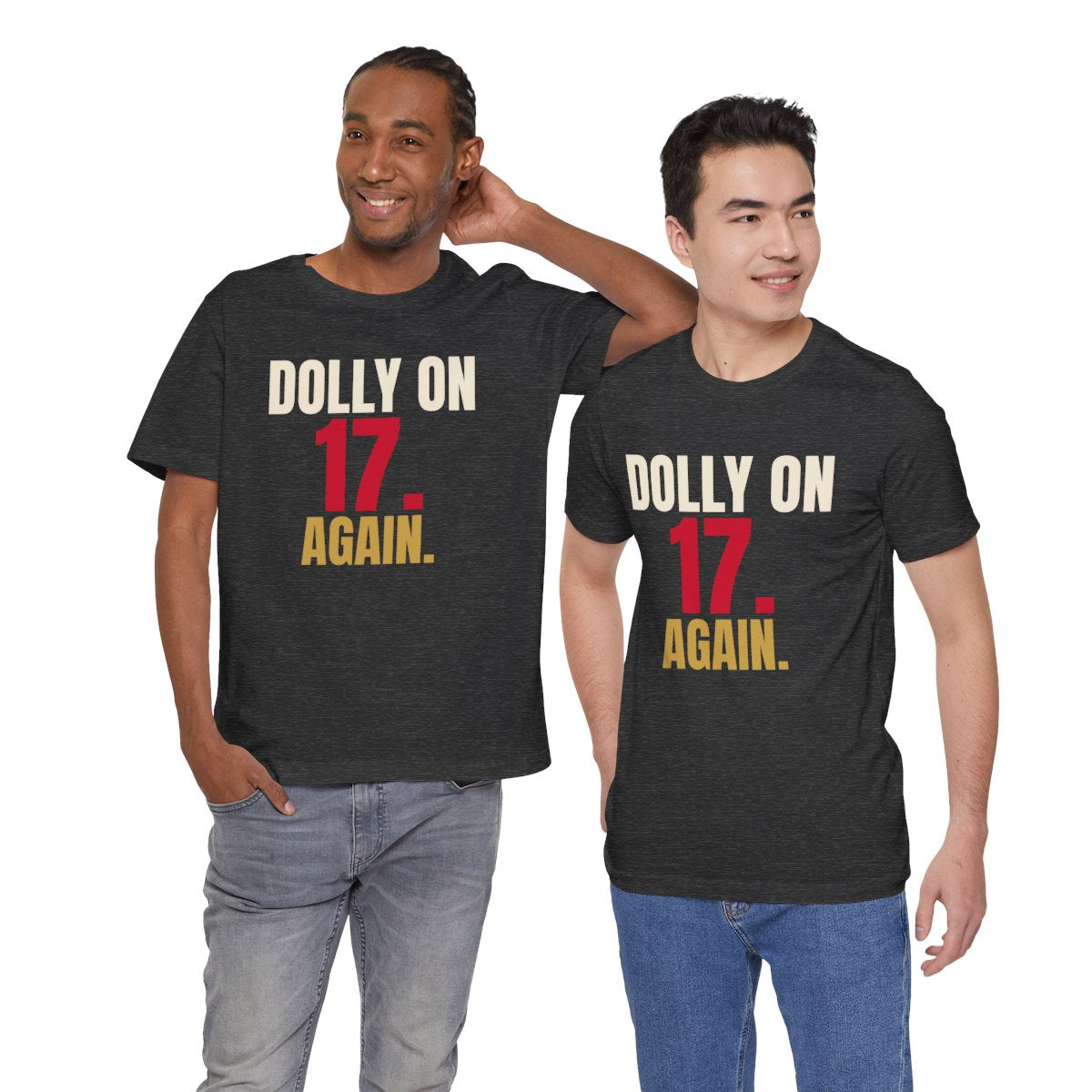 Dolly on 17. Again. — Roulette Tee (Dark Grey Heather, worn by two, front)