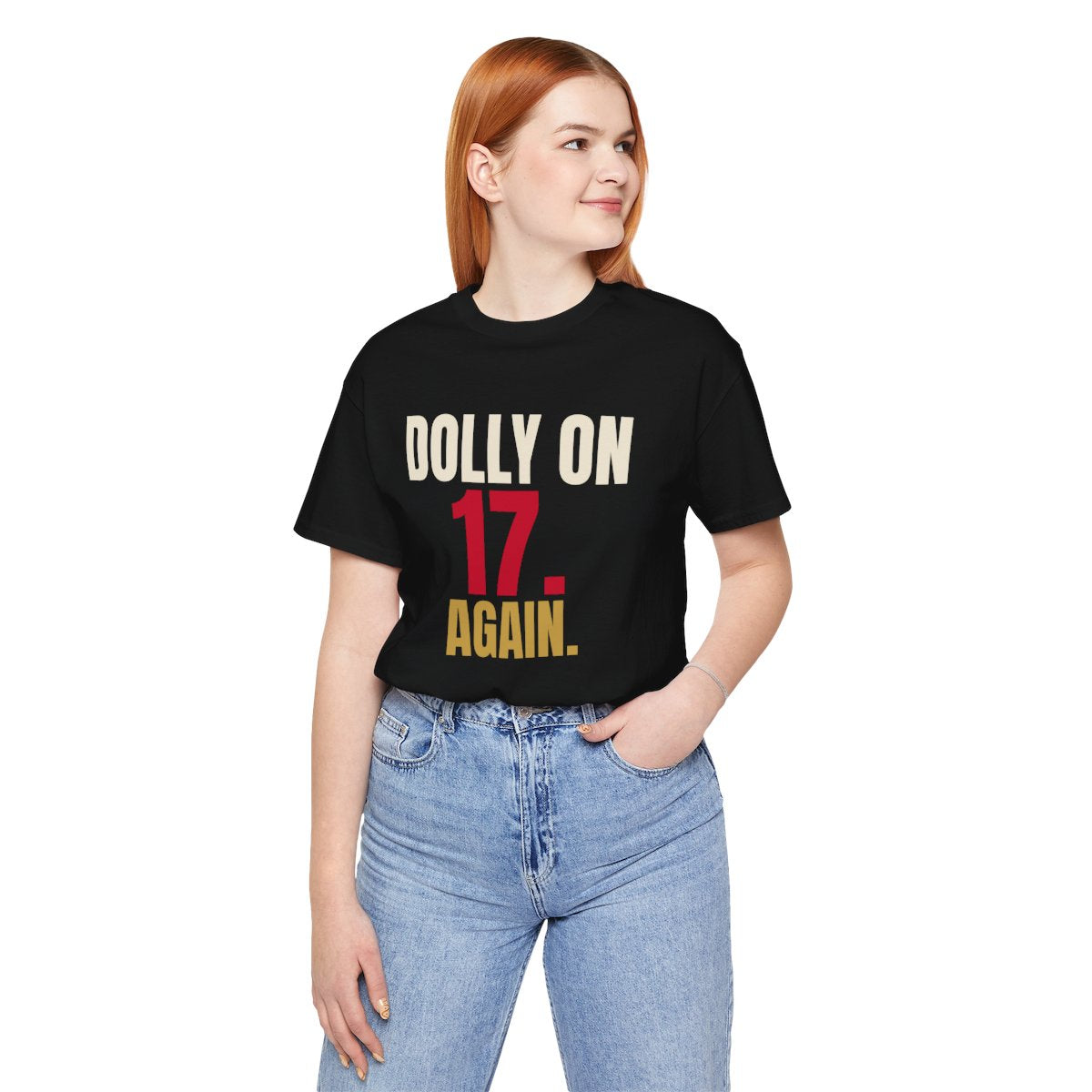 Dolly on 17. Again. — Roulette Tee (Black, worn, front)