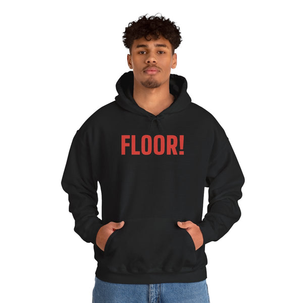 FLOOR! hoodie worn by a person, front