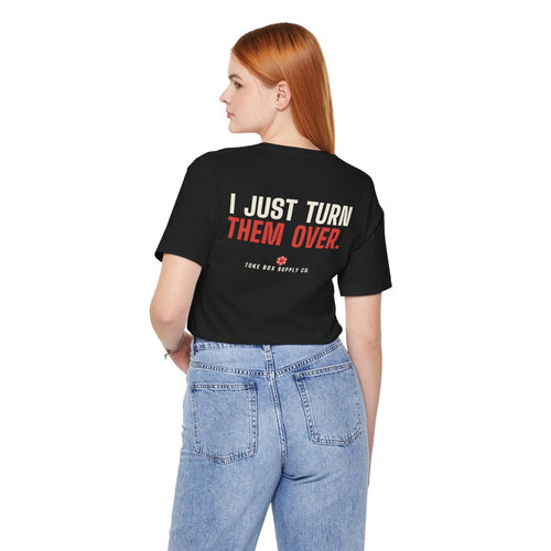 I Don't Pick the Cards tee worn by a person, back