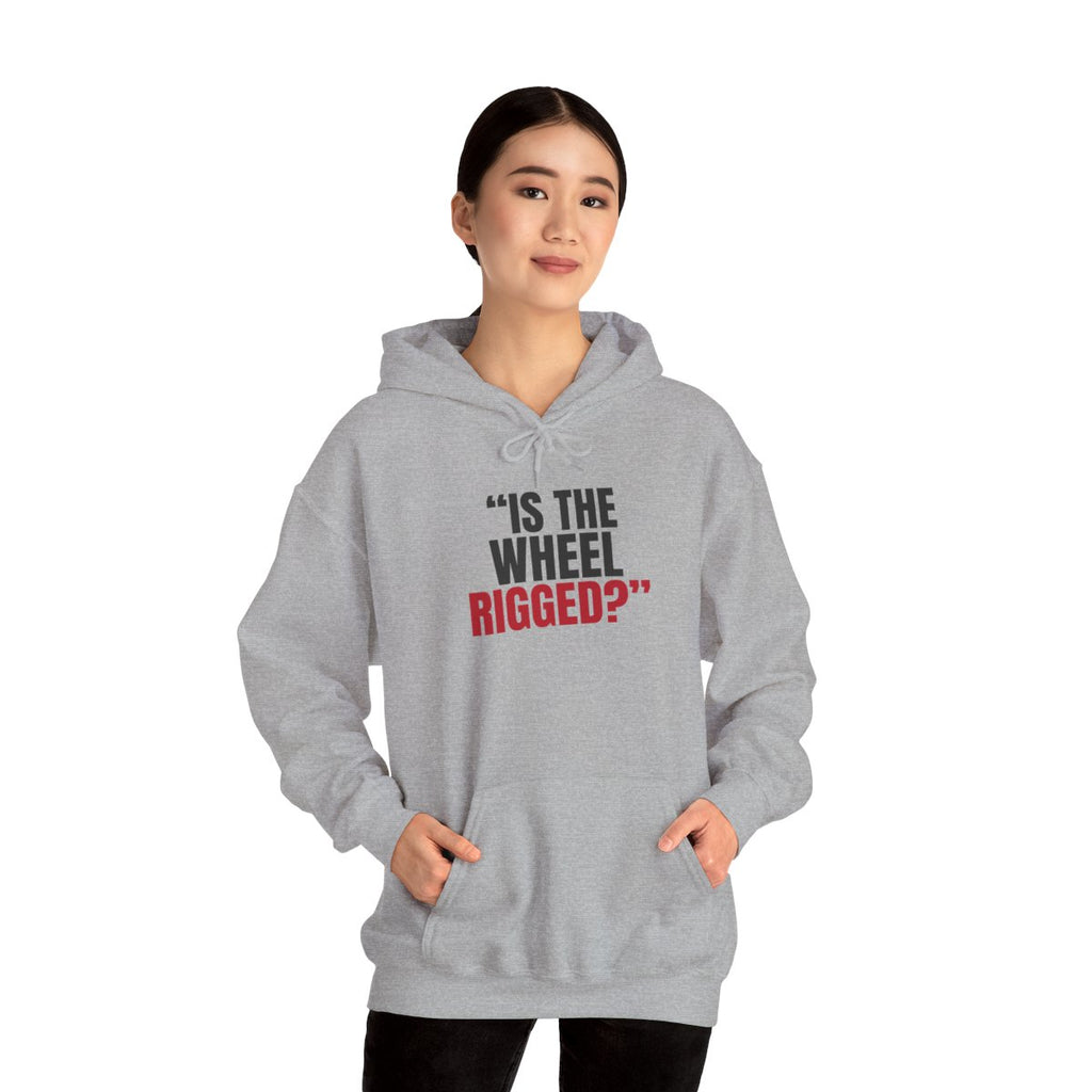 "Is the Wheel Rigged?" — Roulette Hoodie (Sport Grey, worn, front)