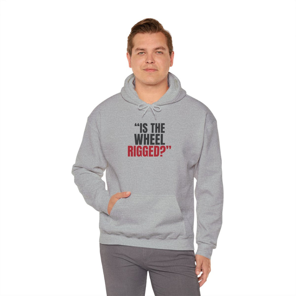 "Is the Wheel Rigged?" — Roulette Hoodie (Sport Grey, worn, front)