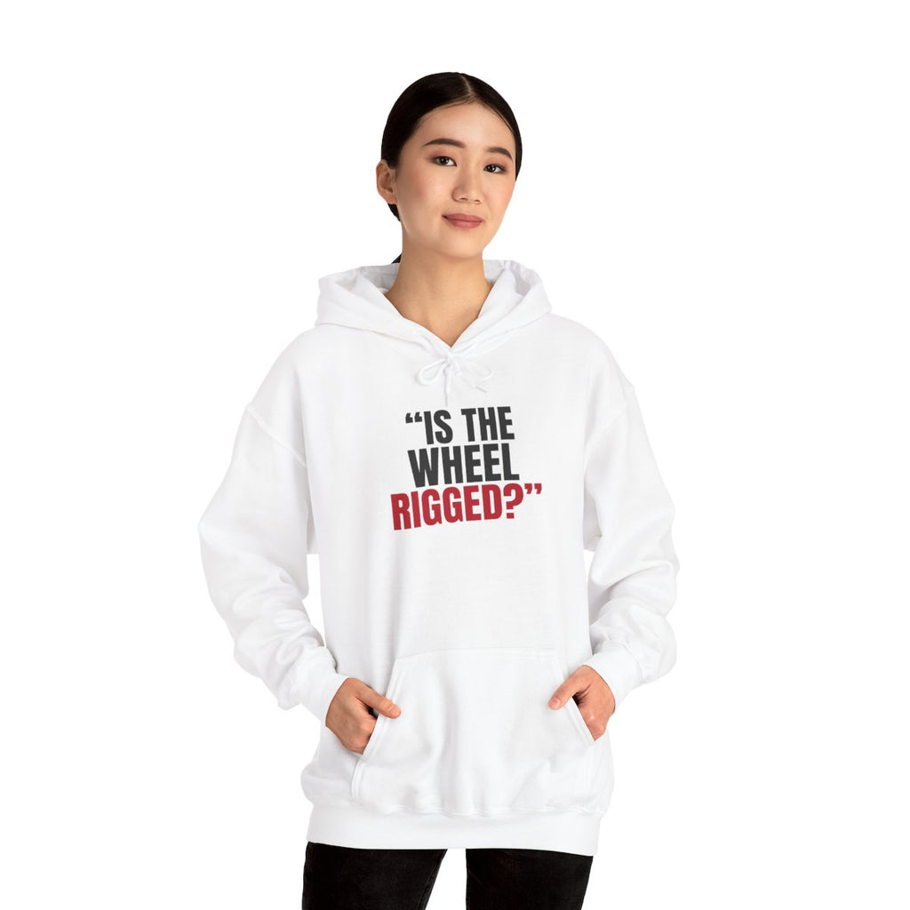 "Is the Wheel Rigged?" — Roulette Hoodie (White, worn, front)