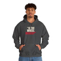 "Is the Wheel Rigged?" — Roulette Hoodie (Dark Heather, worn, front)
