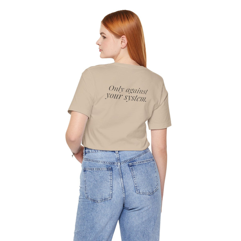 "Is the Wheel Rigged?" — Roulette Tee (Tan, worn, back)