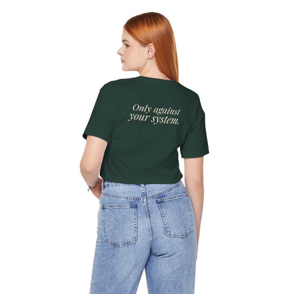 "Is the Wheel Rigged?" — Roulette Tee (Forest, worn, back)