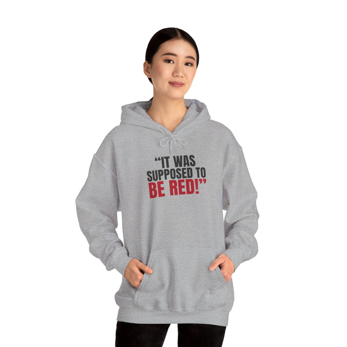 "It Was Supposed to Be Red!" — Roulette Hoodie (Sport Grey, worn, front)