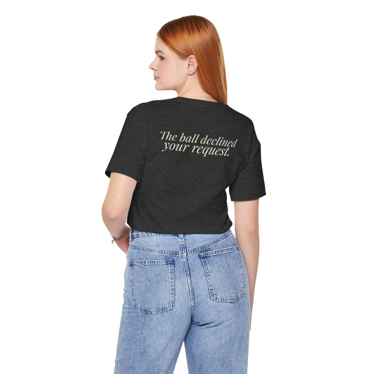 "It Was Supposed to Be Red!" — Roulette Tee (Dark Grey Heather, worn, back)