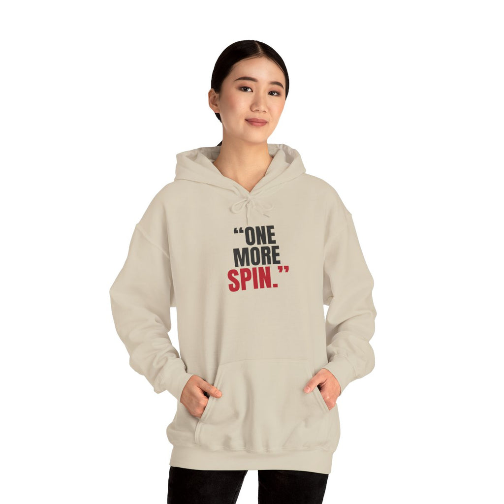 "One More Spin." — Roulette Hoodie (Sand, worn, front)
