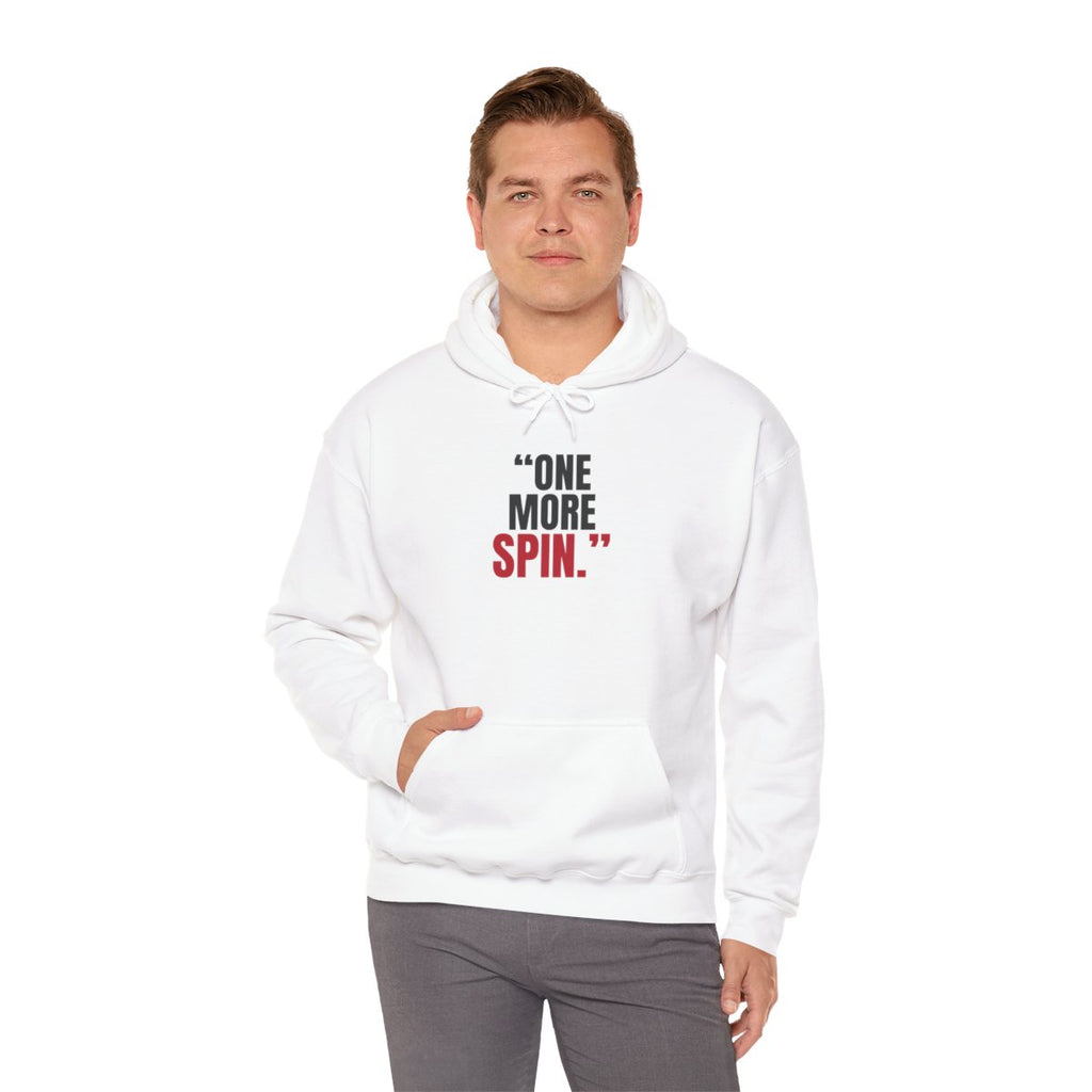 "One More Spin." — Roulette Hoodie (White, worn, front)
