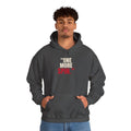 "One More Spin." — Roulette Hoodie (Dark Heather, worn, front)