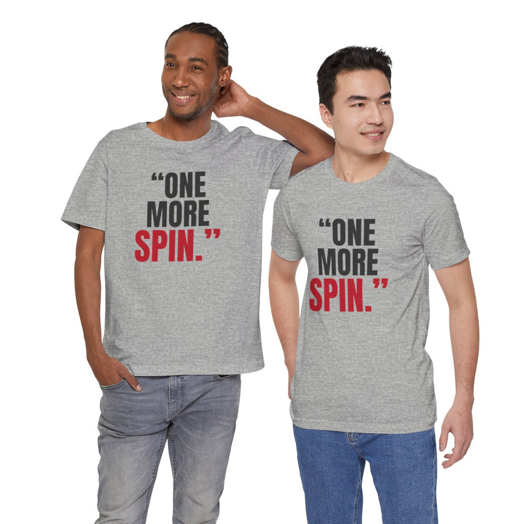"One More Spin." — Roulette Tee (Athletic Heather, worn by two, front)