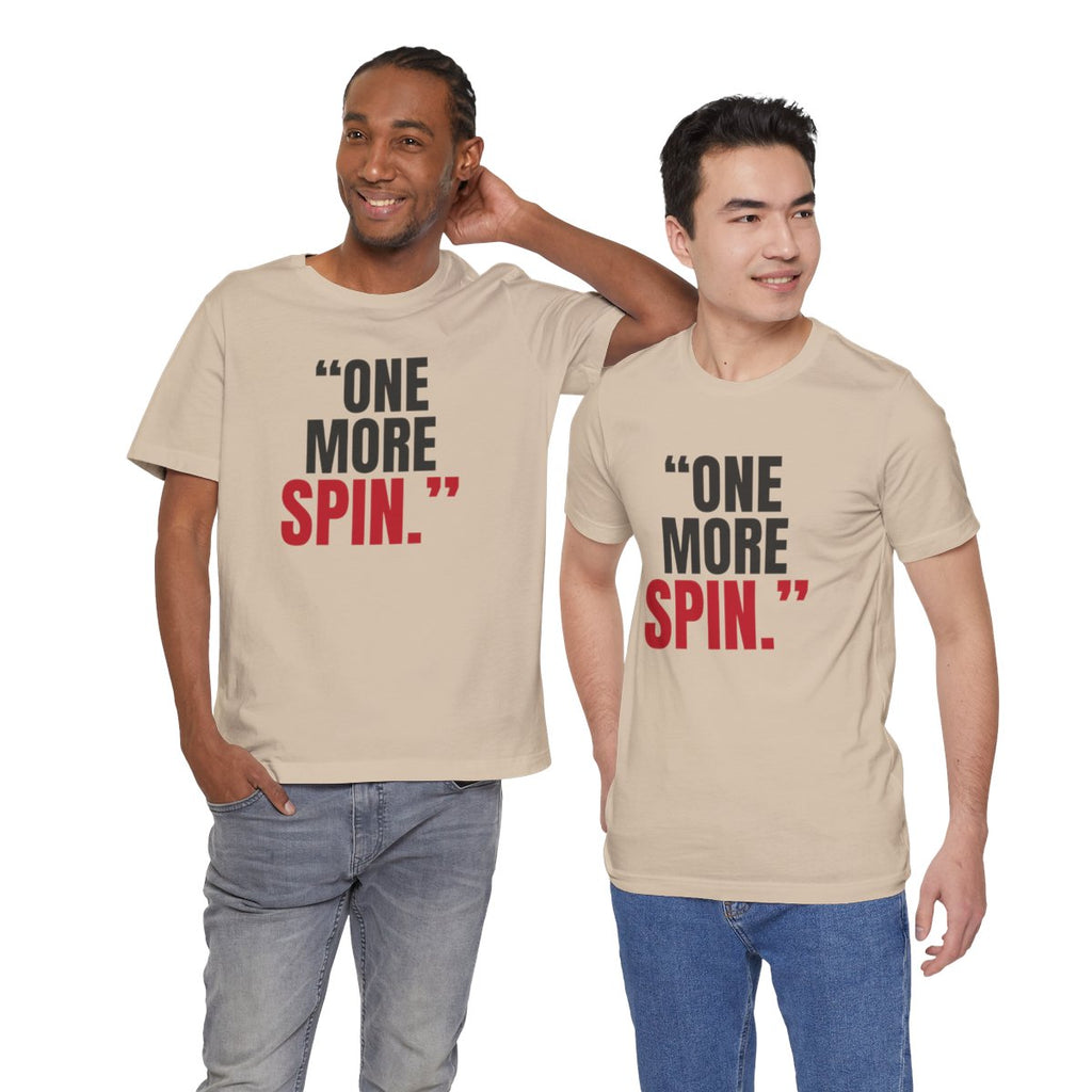 "One More Spin." — Roulette Tee (Tan, worn by two, front)