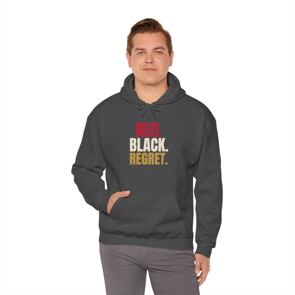 Red. Black. Regret. — Roulette Hoodie (Dark Heather, worn, front)