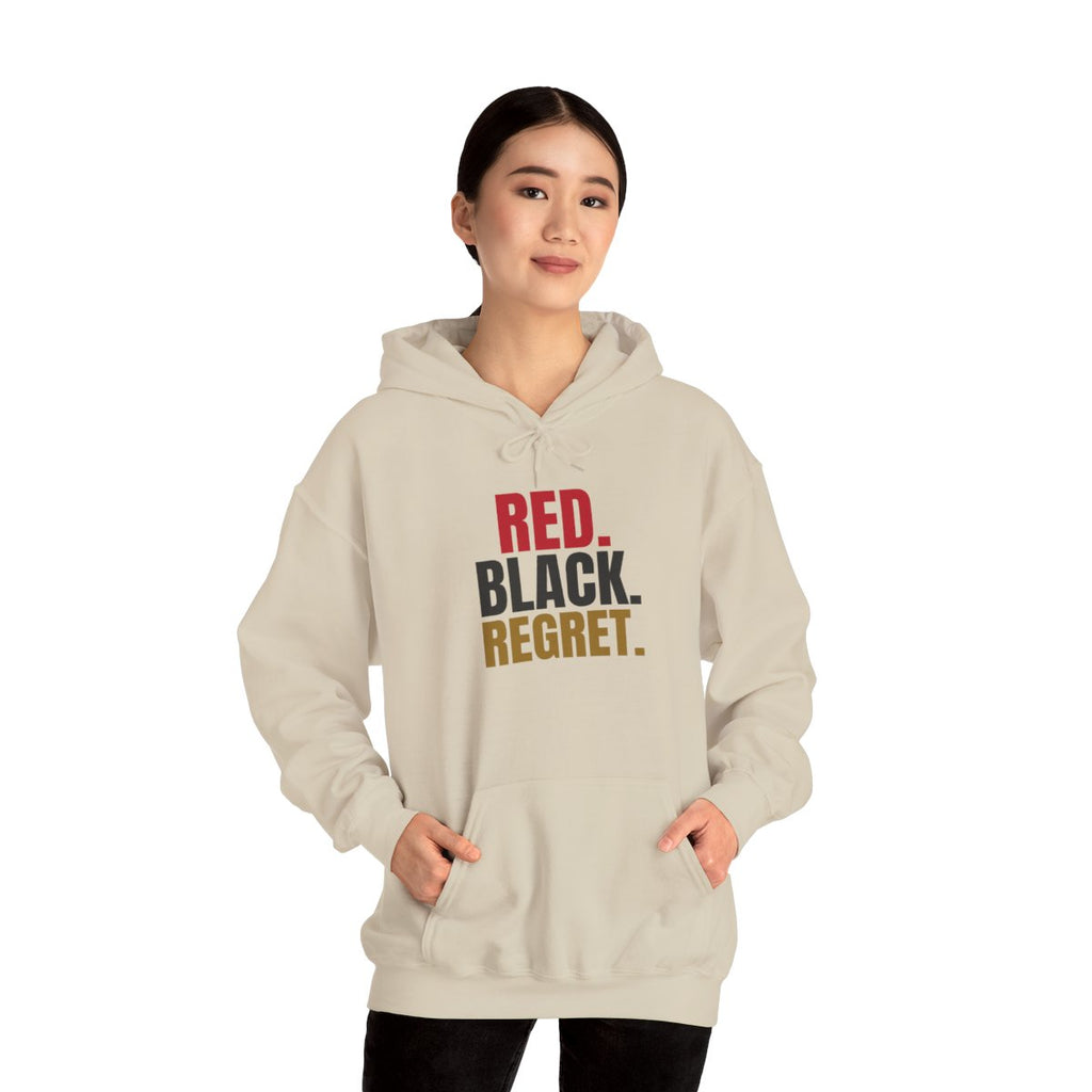 Red. Black. Regret. — Roulette Hoodie (Sand, worn, front)