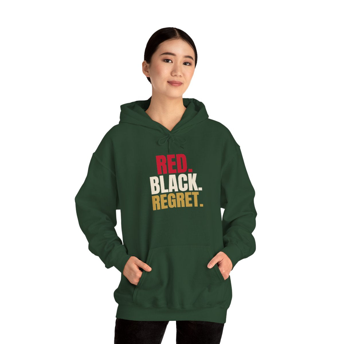 Red. Black. Regret. — Roulette Hoodie (Forest Green, worn, front)