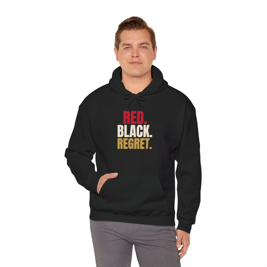 Red. Black. Regret. — Roulette Hoodie (Black, worn, front)