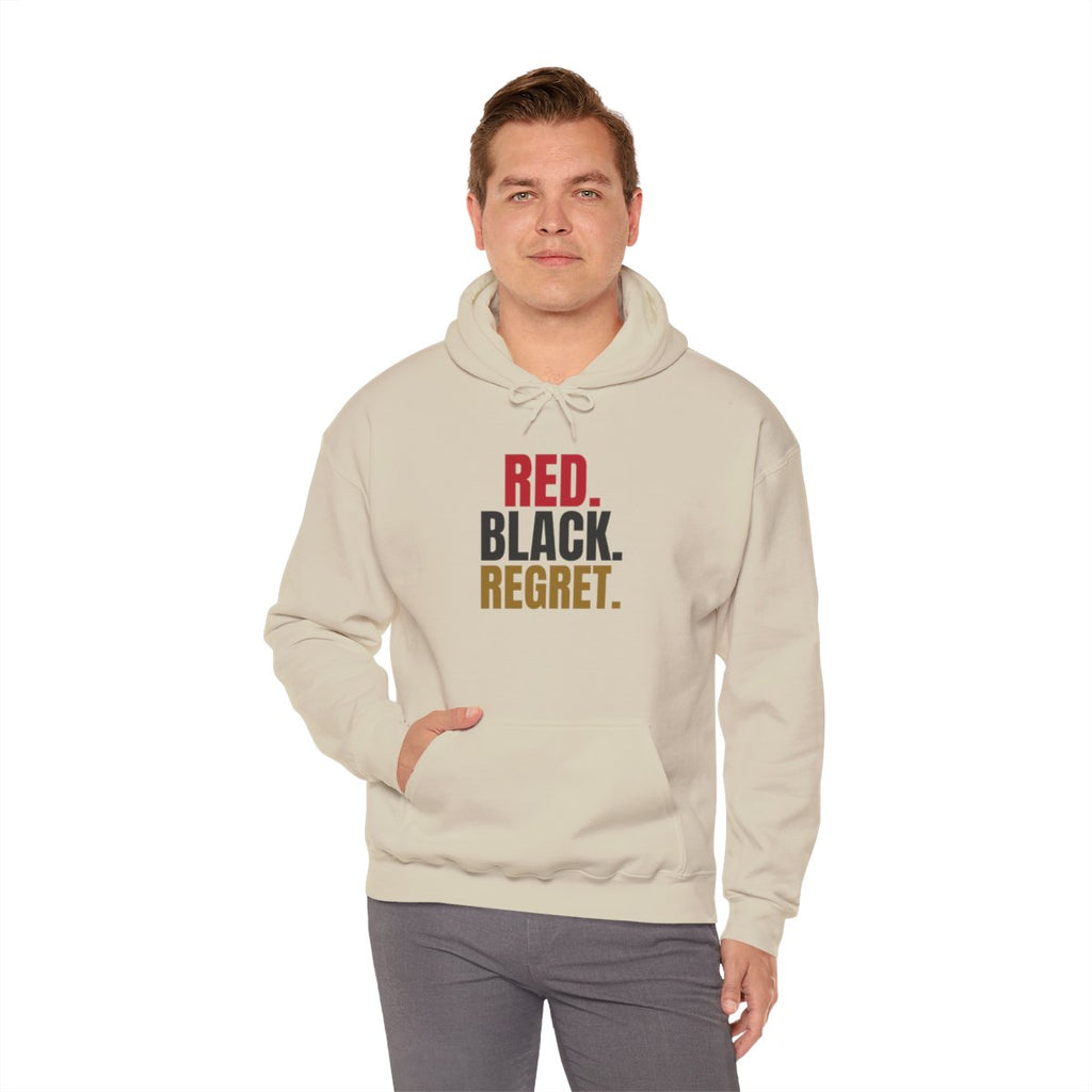 Red. Black. Regret. — Roulette Hoodie (Sand, worn, front)