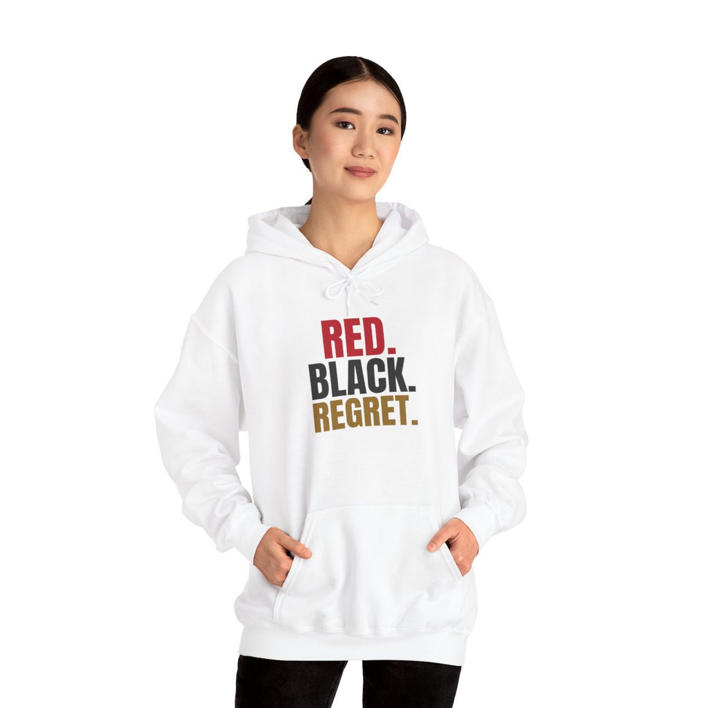 Red. Black. Regret. — Roulette Hoodie (White, worn, front)