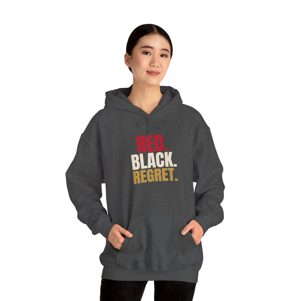 Red. Black. Regret. — Roulette Hoodie (Dark Heather, worn, front)
