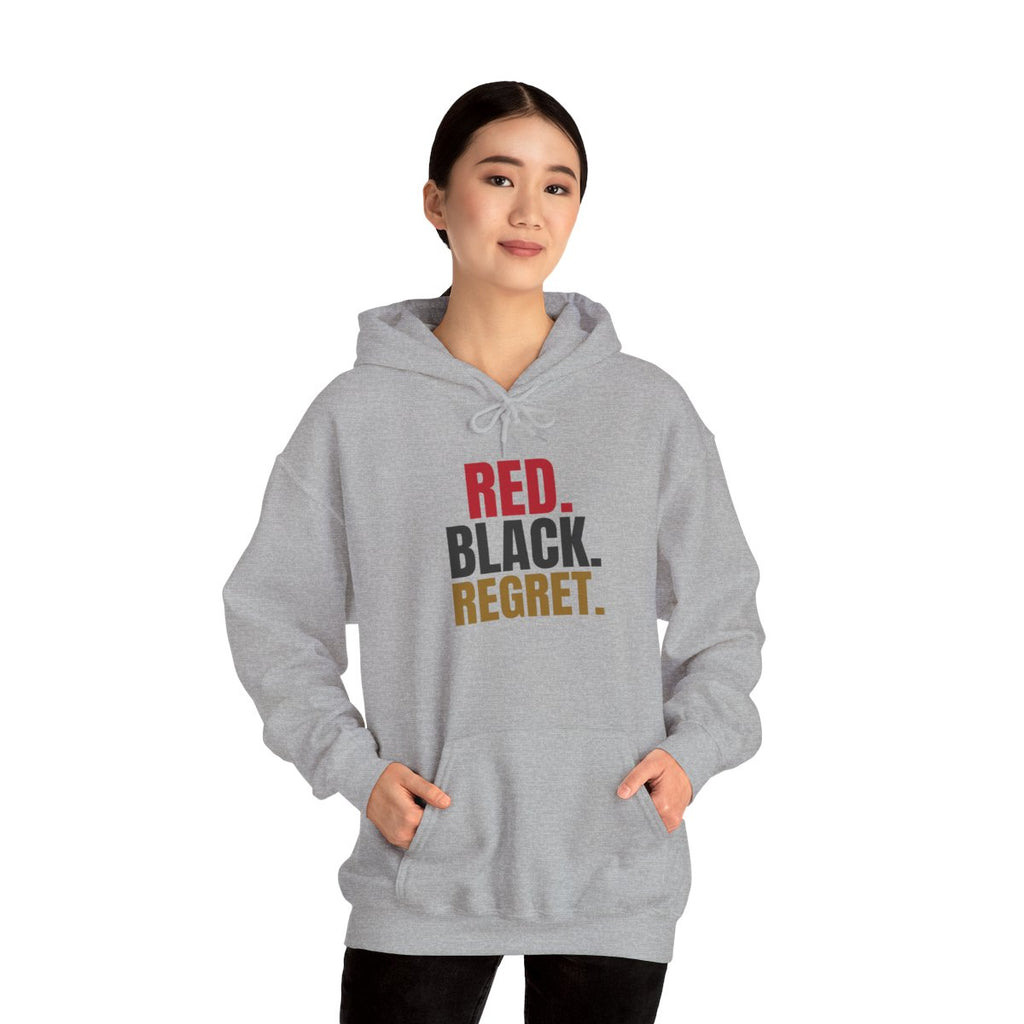 Red. Black. Regret. — Roulette Hoodie (Sport Grey, worn, front)