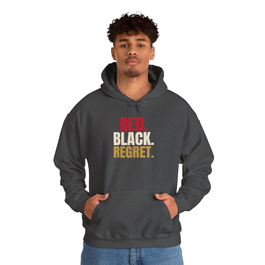 Red. Black. Regret. — Roulette Hoodie (Dark Heather, worn, front)