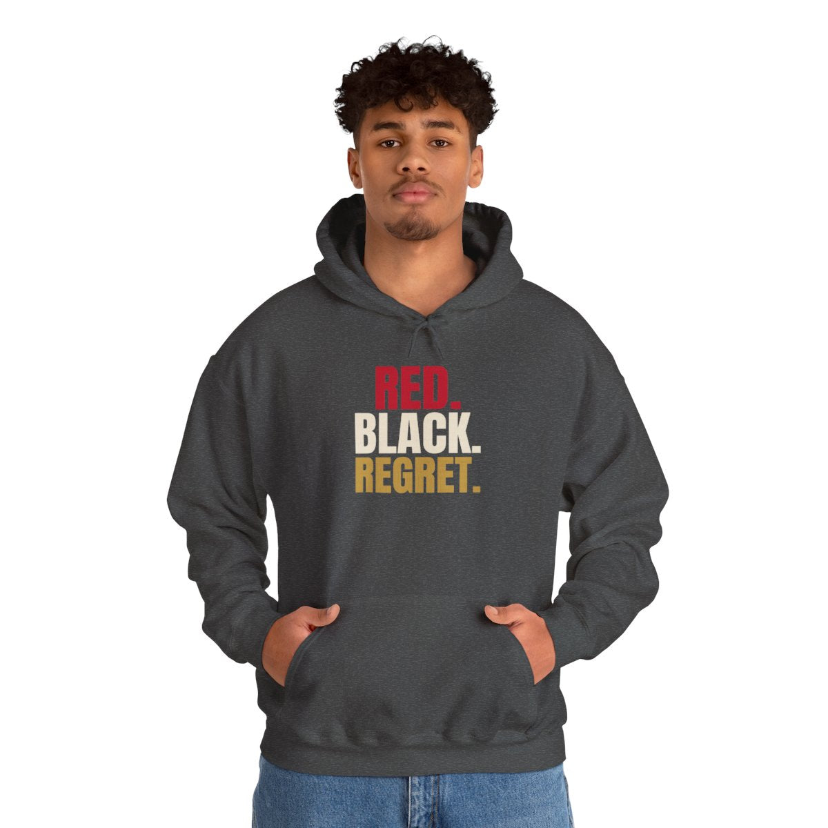 Red. Black. Regret. — Roulette Hoodie (Dark Heather, worn, front)