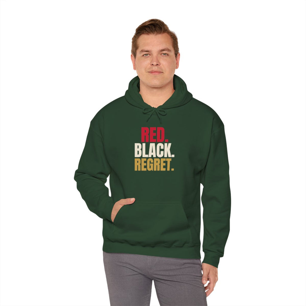 Red. Black. Regret. — Roulette Hoodie (Forest Green, worn, front)