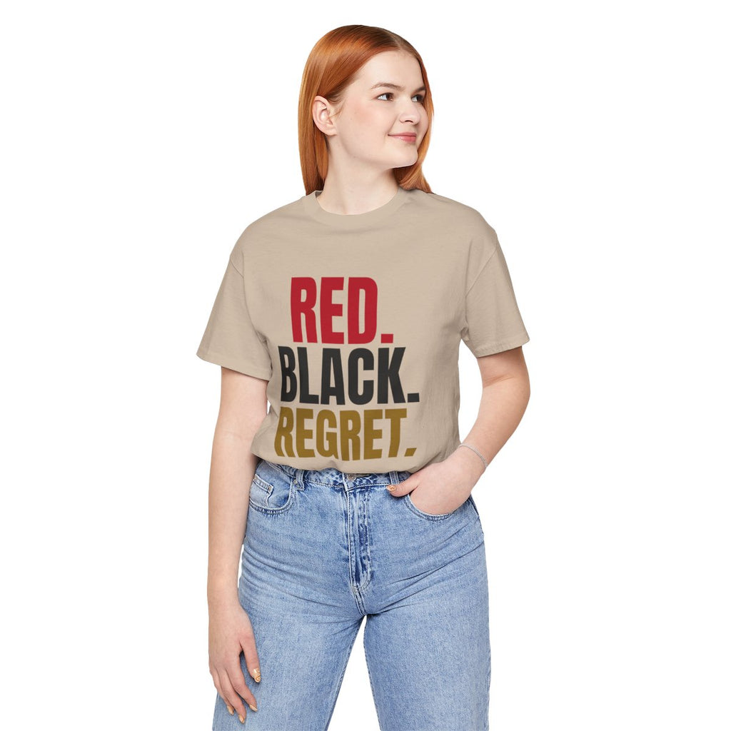 Red. Black. Regret. — Roulette Tee (Tan, worn, front)