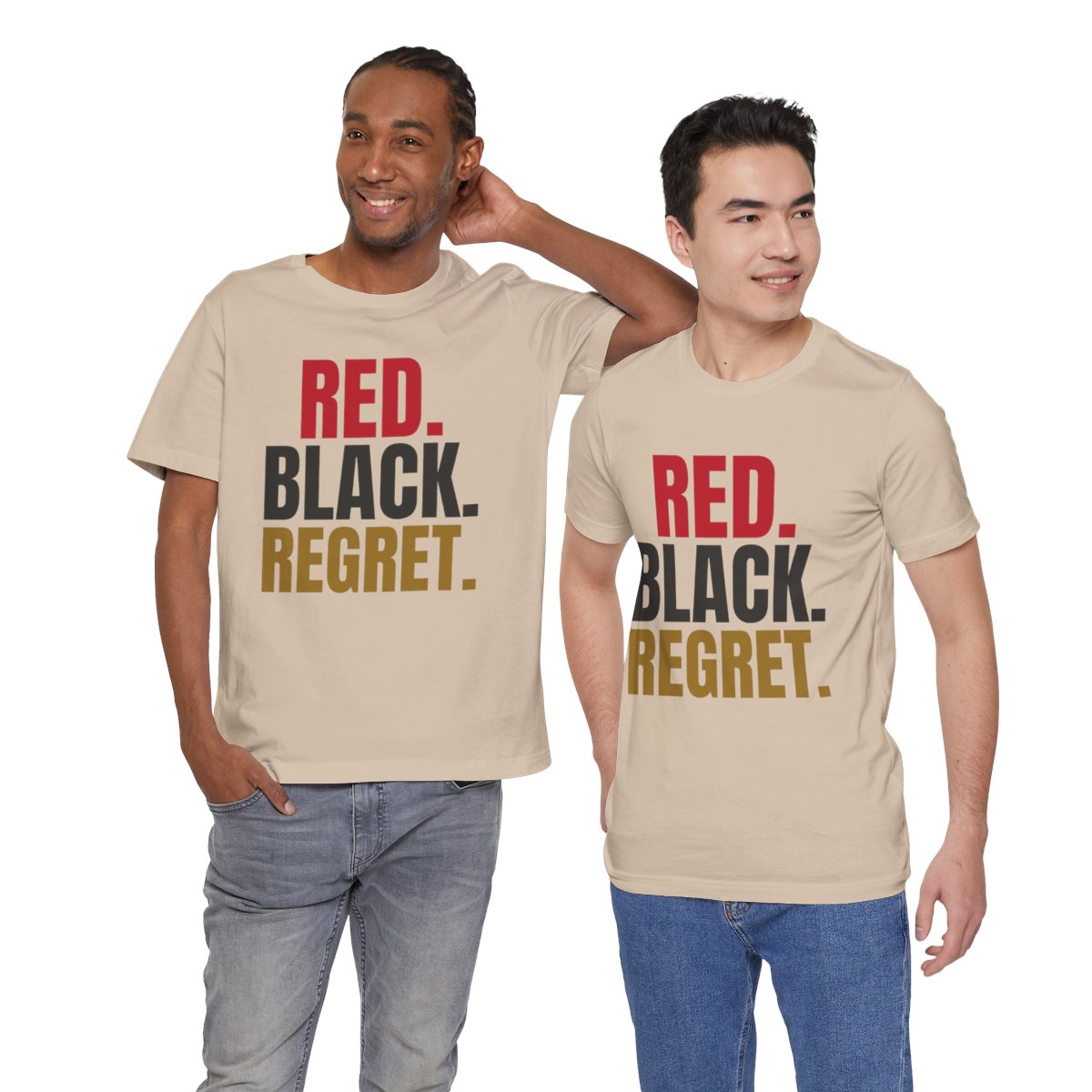 Red. Black. Regret. — Roulette Tee (Tan, worn by two, front)