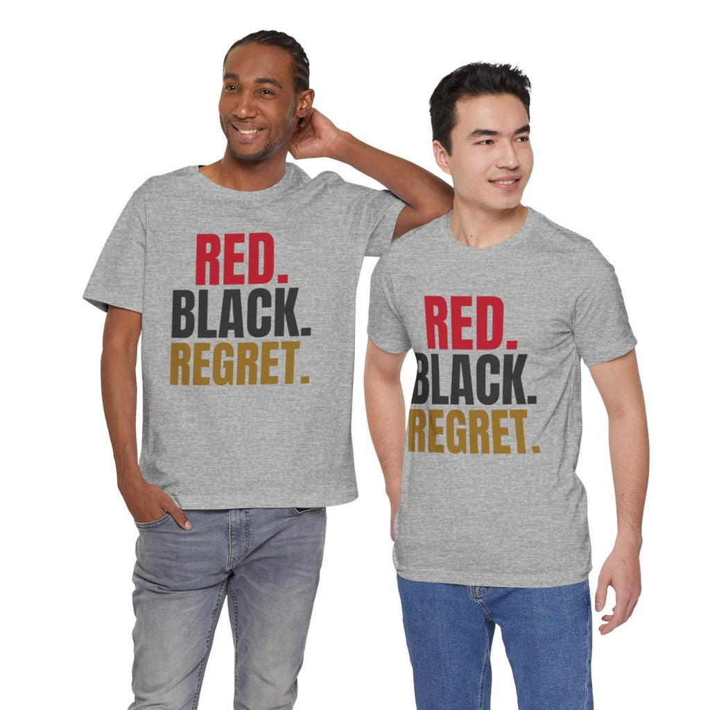 Red. Black. Regret. — Roulette Tee (Athletic Heather, worn by two, front)