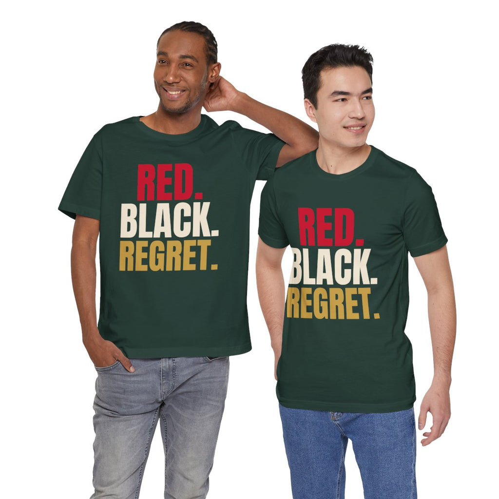 Red. Black. Regret. — Roulette Tee (Forest, worn by two, front)
