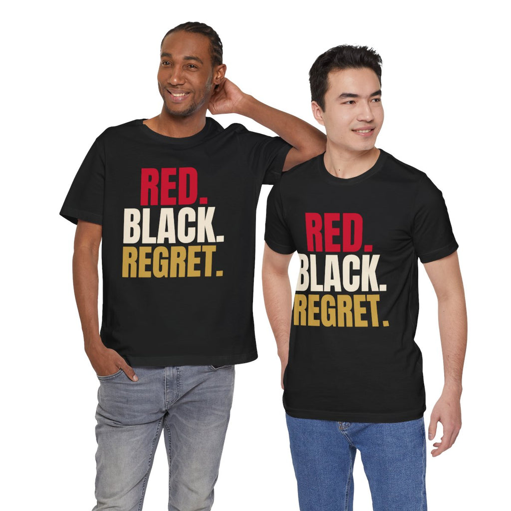 Red. Black. Regret. — Roulette Tee (Black, worn by two, front)