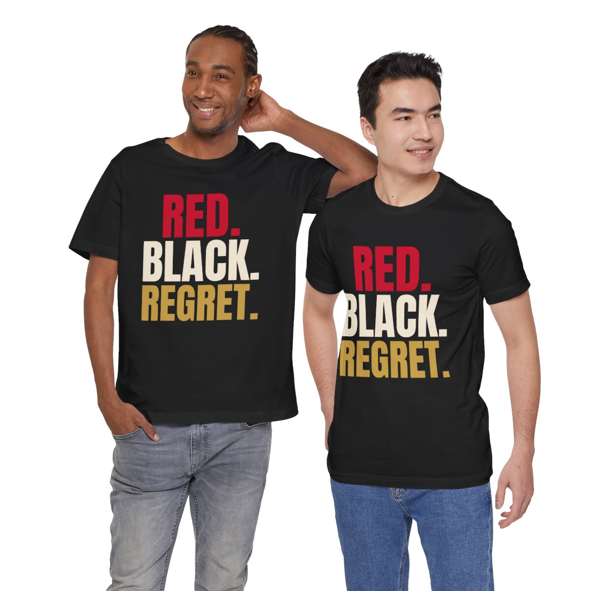 Red. Black. Regret. — Roulette Tee (Black, worn by two, front)