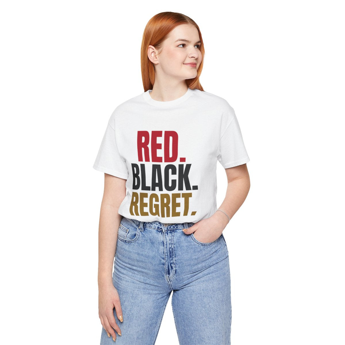 Red. Black. Regret. — Roulette Tee (White, worn, front)