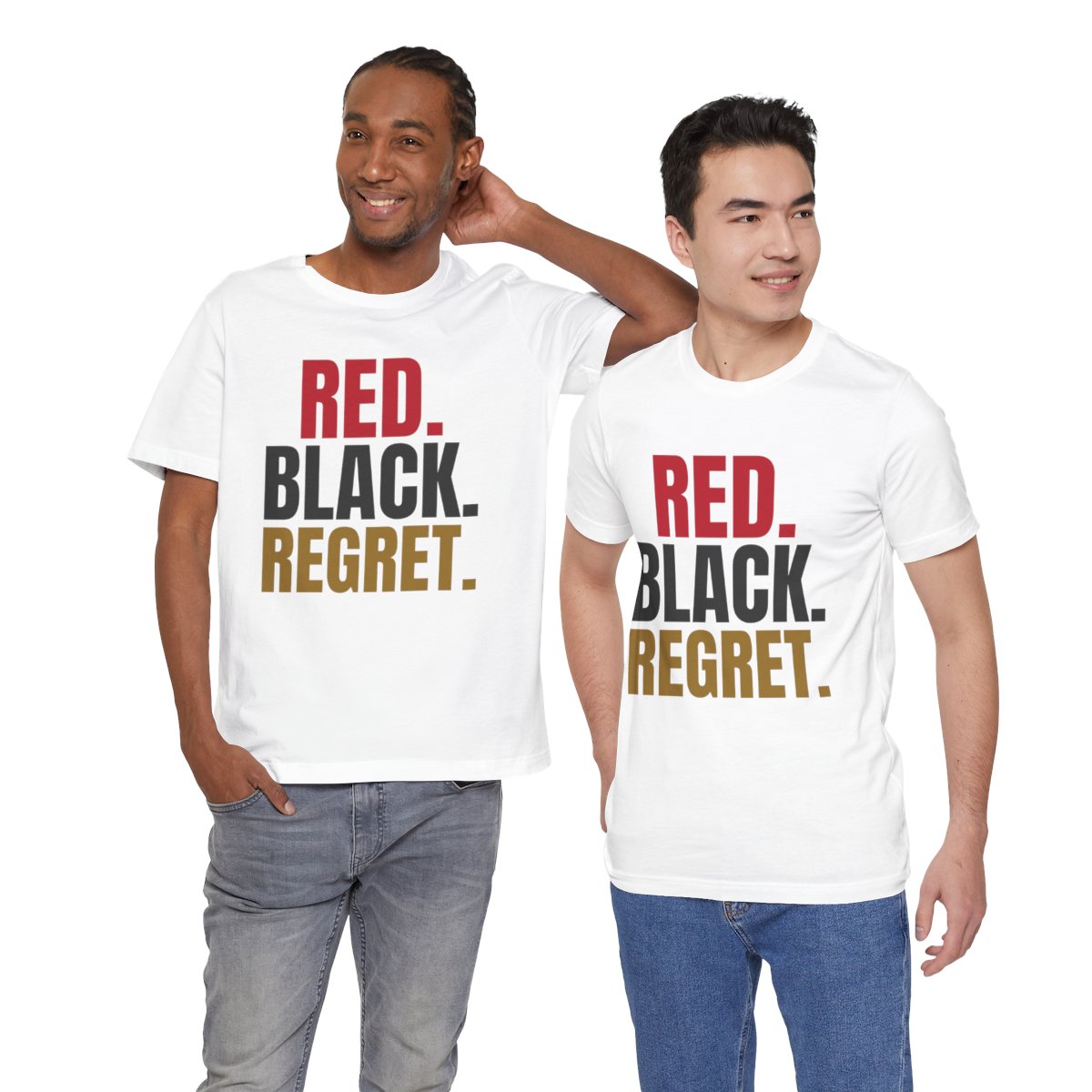 Red. Black. Regret. — Roulette Tee (White, worn by two, front)