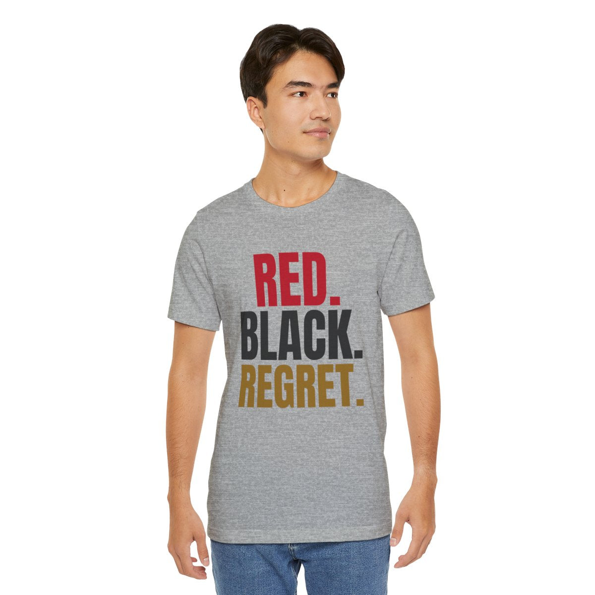 Red. Black. Regret. — Roulette Tee (Athletic Heather, worn, front)