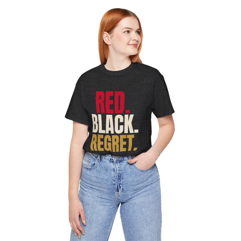 Red. Black. Regret. — Roulette Tee (Dark Grey Heather, worn, front)