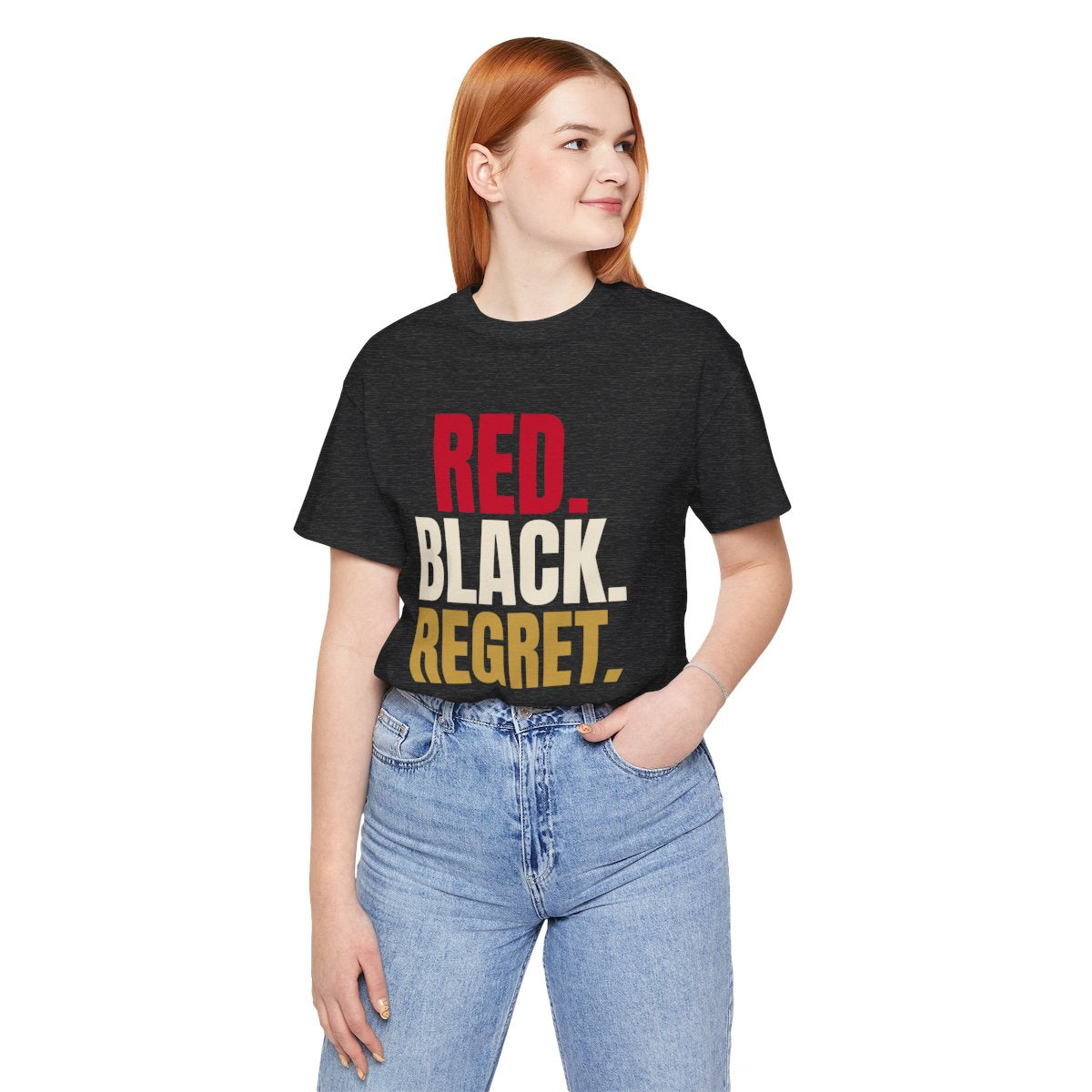 Red. Black. Regret. — Roulette Tee (Dark Grey Heather, worn, front)