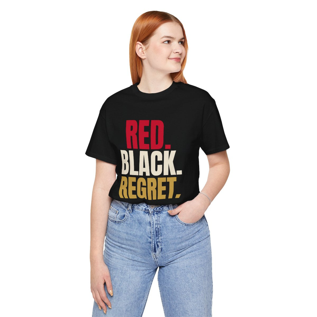 Red. Black. Regret. — Roulette Tee (Black, worn, front)