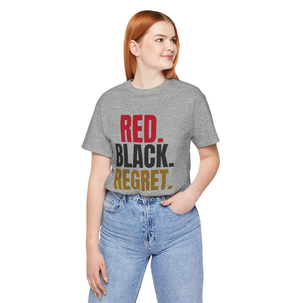 Red. Black. Regret. — Roulette Tee (Athletic Heather, worn, front)
