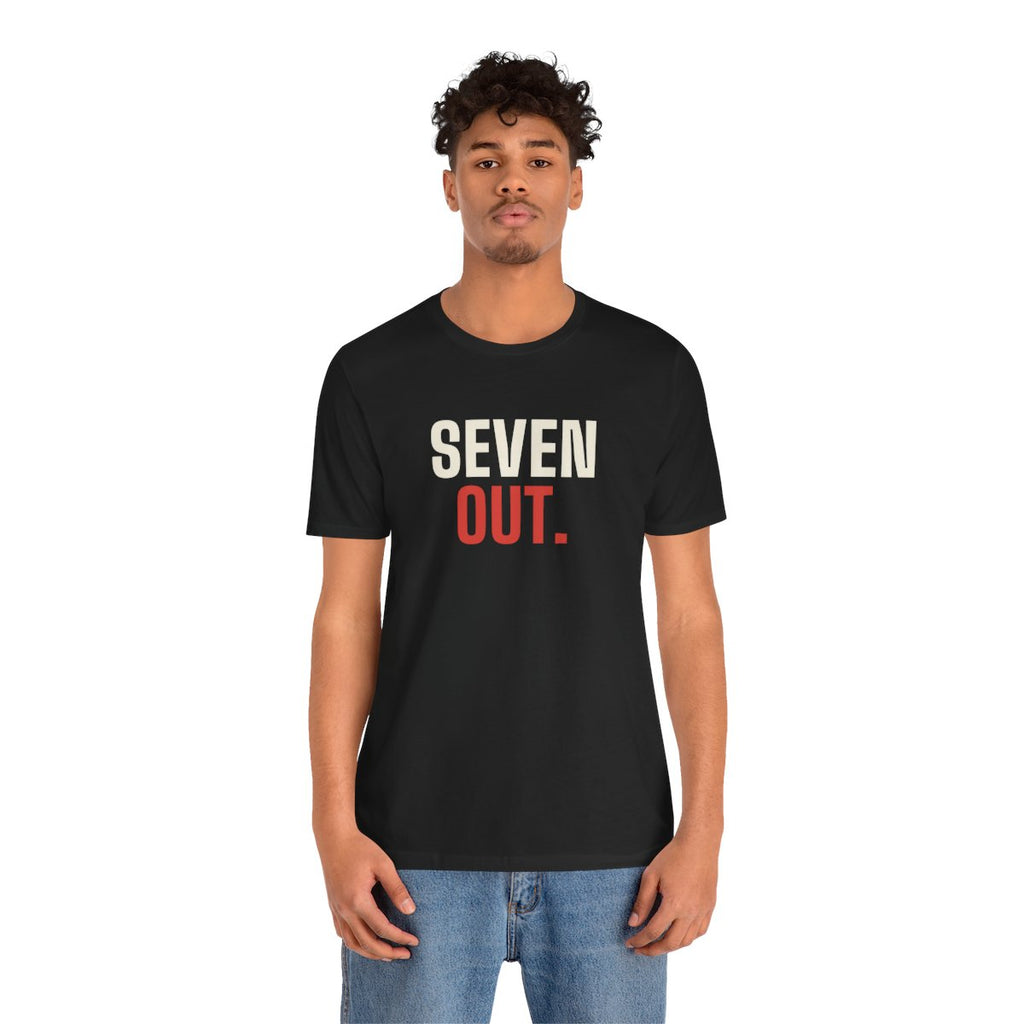 Seven Out tee worn by a person, front
