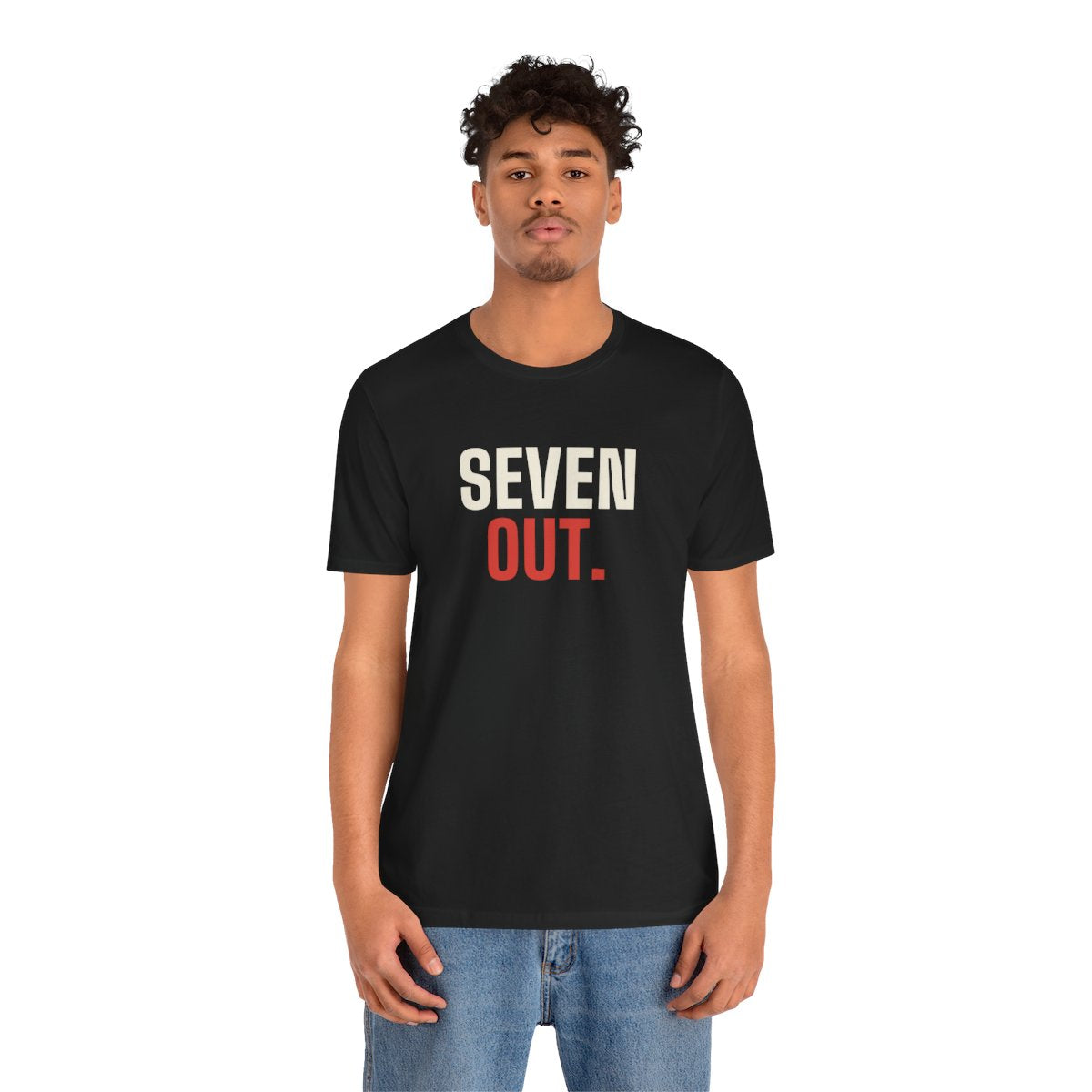 Seven Out tee worn by a person, front