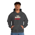 "That Number Is Due!" — Roulette Hoodie (Dark Heather, worn, front)