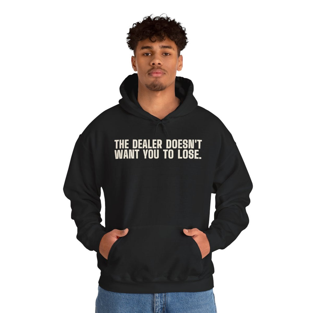Dealer Wants to Go Home hoodie worn by a person, front