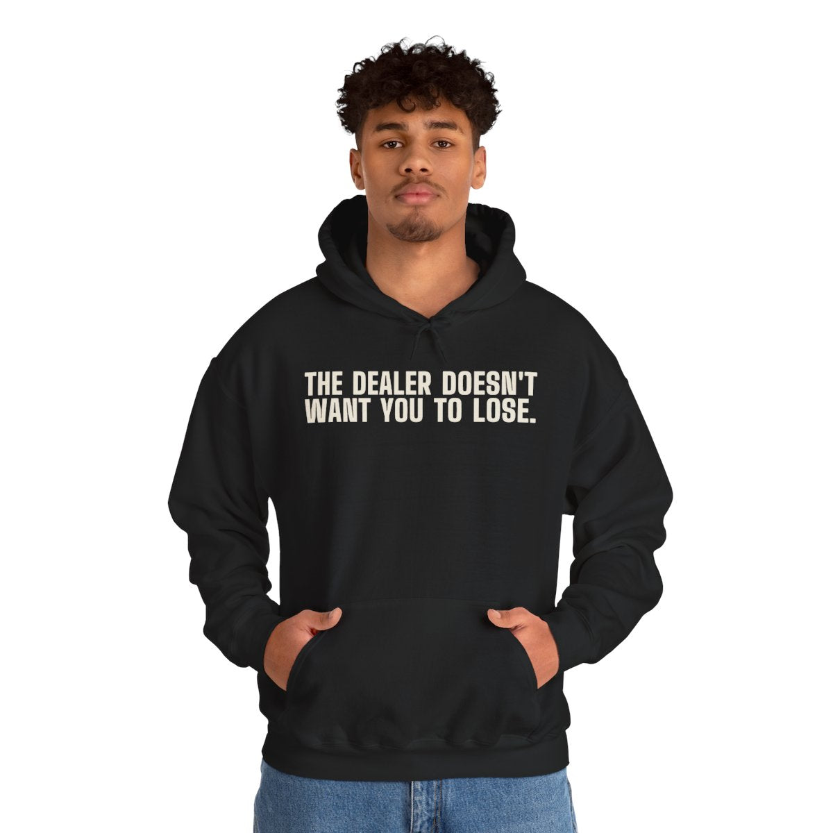 Dealer Wants to Go Home hoodie worn by a person, front