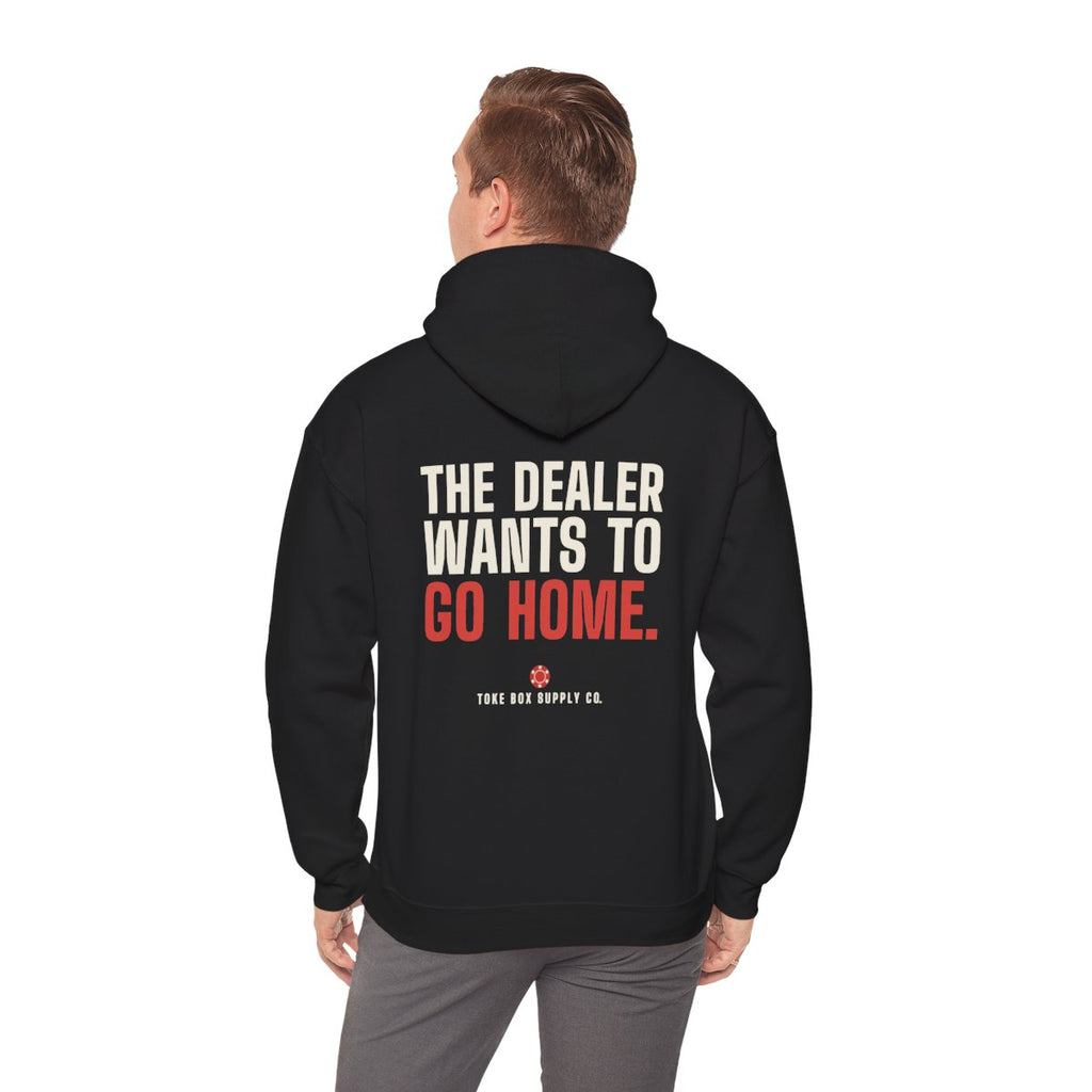 Dealer Wants to Go Home hoodie worn by a person, back